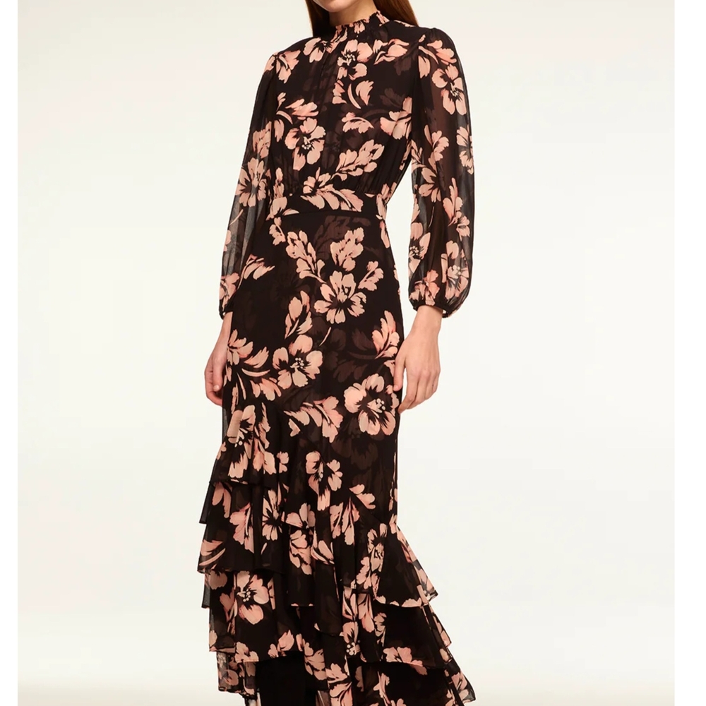 MISA LA Black and Mauve with Bishop Long Sleeves and tiered ruffle Gown NWOT